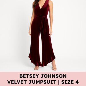 Betsey Johnson Velvet Jumpsuit Ruffle Hem Wide Leg Holiday Partycore Burgundy 4